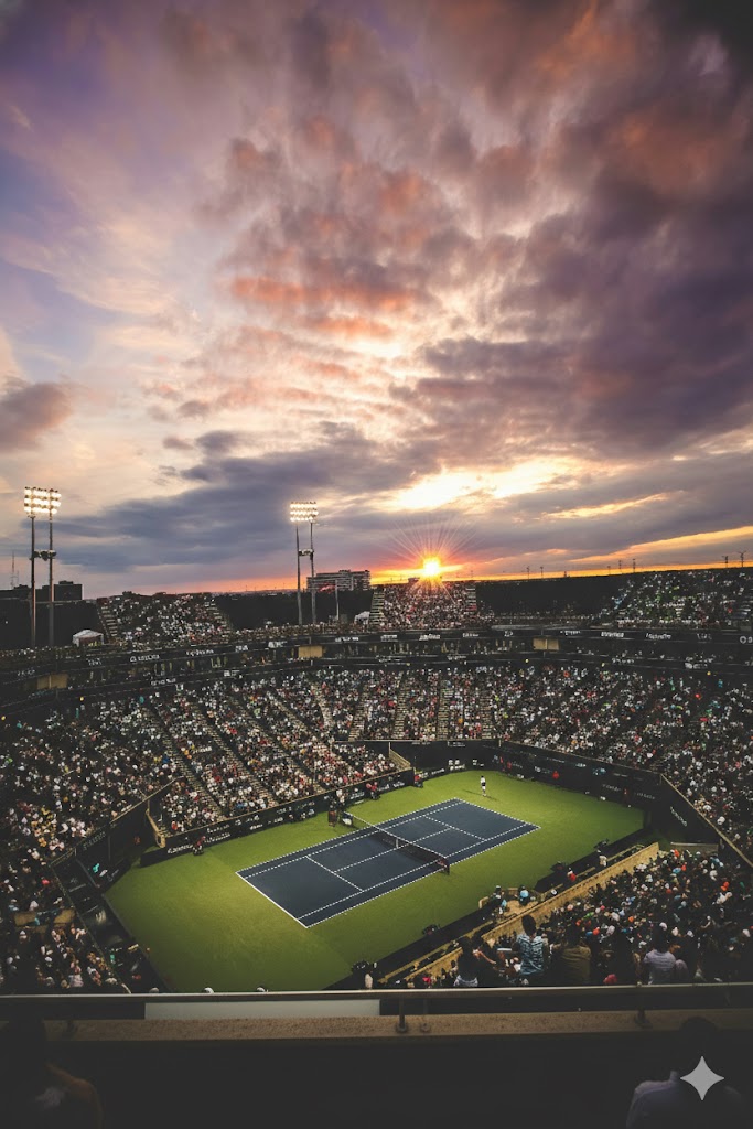 Tennis stadium at sunset with fans